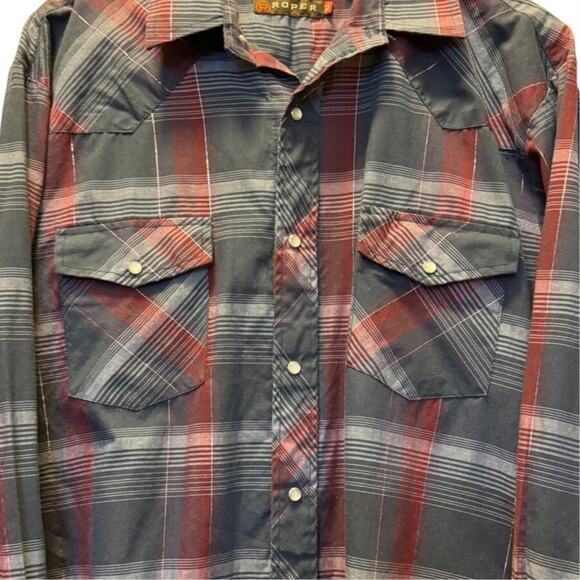 Roper Western Mens Blue Red Plaid Metallic Pearl Snap Long Sleeve Shirts Size XL - Picture 2 of 6